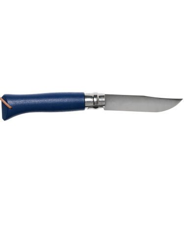 Peilis Opinel Trekking Nr.8 ar nerūsējoša tērauda asi un zilu rokturi.