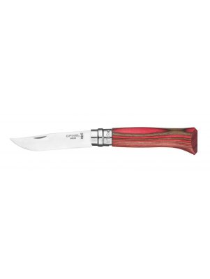 Opinel Nr.8 Laminated Red nazobē ar nerūsējošā tērauda asmens un sarkanu beršu rokturi