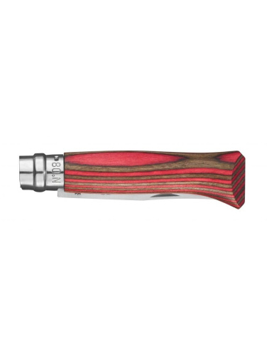 Opinel Nr.8 Laminated Red nazobē ar nerūsējošā tērauda asmens un sarkanu beršu rokturi