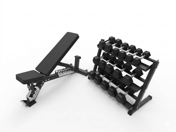 Spēka komplekts – regulējams sols, 220 kg HEX hanteles un 3 līmeņu statīvs