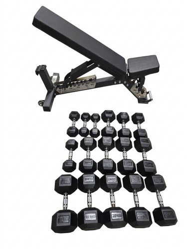 Spēka komplekts – regulējams sols, 220 kg HEX hanteles un 3 līmeņu statīvs