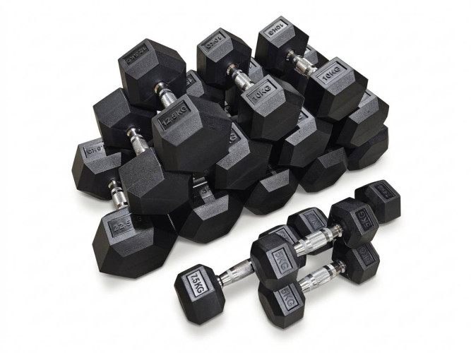 Spēka komplekts – regulējams sols, 220 kg HEX hanteles un 3 līmeņu statīvs