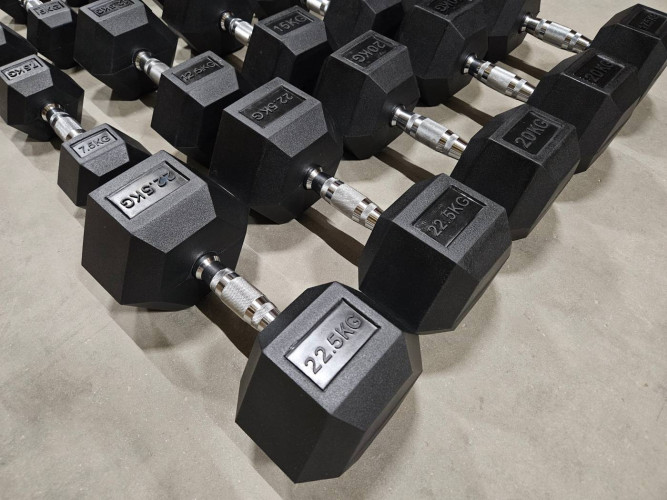 Spēka komplekts – regulējams sols, 220 kg HEX hanteles un 3 līmeņu statīvs