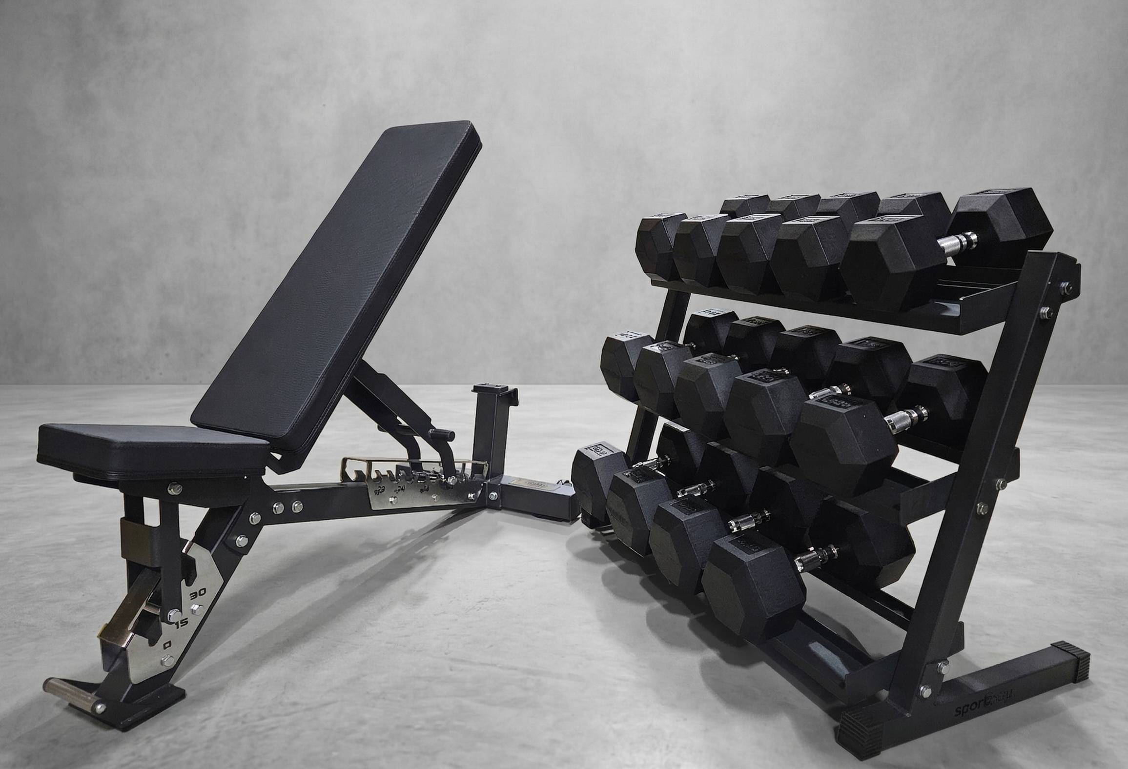 Spēka komplekts – regulējams sols, 385 kg HEX hanteles un 3 līmeņu statīvs