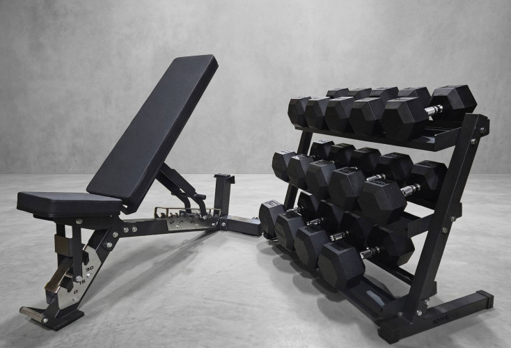 Spēka komplekts – regulējams sols, 385 kg HEX hanteles un 3 līmeņu statīvs