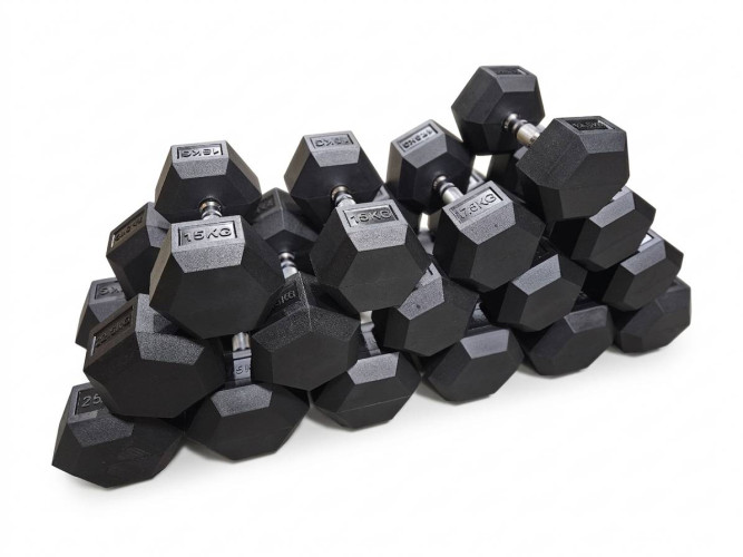 Spēka komplekts – regulējams sols, 385 kg HEX hanteles un 3 līmeņu statīvs