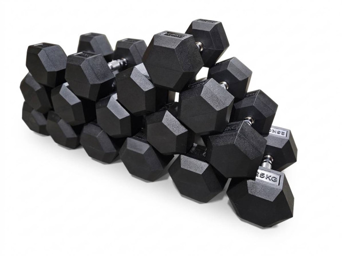 Spēka komplekts – regulējams sols, 385 kg HEX hanteles un 3 līmeņu statīvs